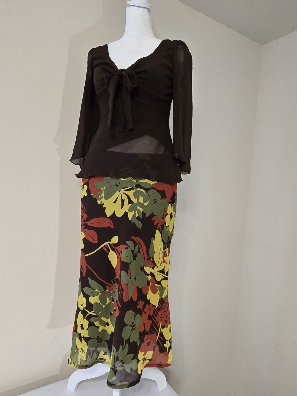 H&M Outfit - Brown Top with Sheer 3/4 Sleeve and Brown and Yellow Midi Skirt